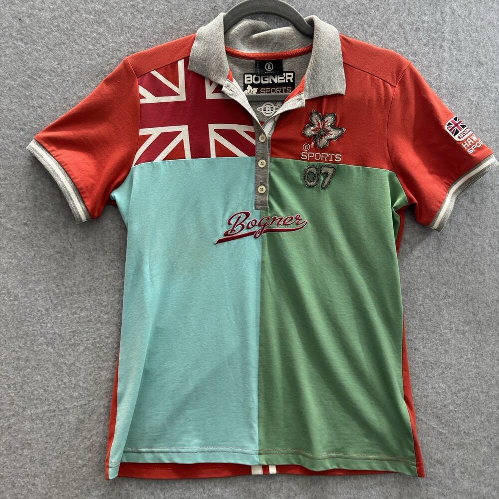 Bogner Sports Union Jack Rugby Polo Shirt Sz M Colorblock Embroidered Red Green